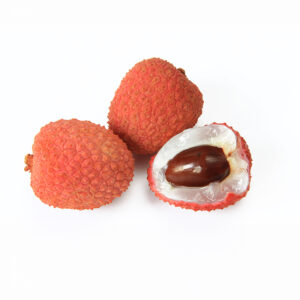 Brewster Lychee (Litchi chinensis) Mature fruit sliced and isolated on white