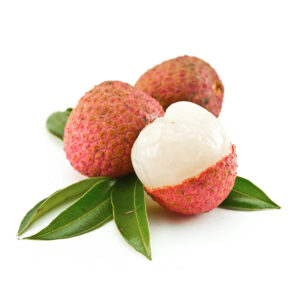 Mauritius Lychee (Litchi chinensis) Mature fruit sliced and isolated on white
