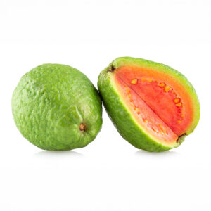 Ruby Supreme Guava (Psidium guajava) Mature fruit sliced and isolated on white