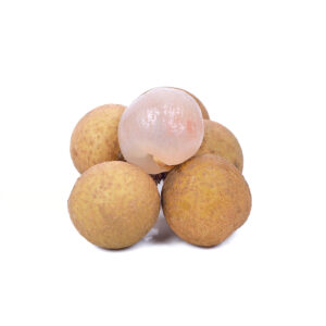 Sri Chompoo Pink Longan (Dimocarpus longan) fruit sliced and isolated on white