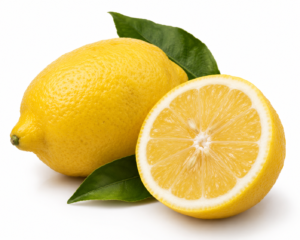 Eureka lemon, whole and halved, with leaves on white